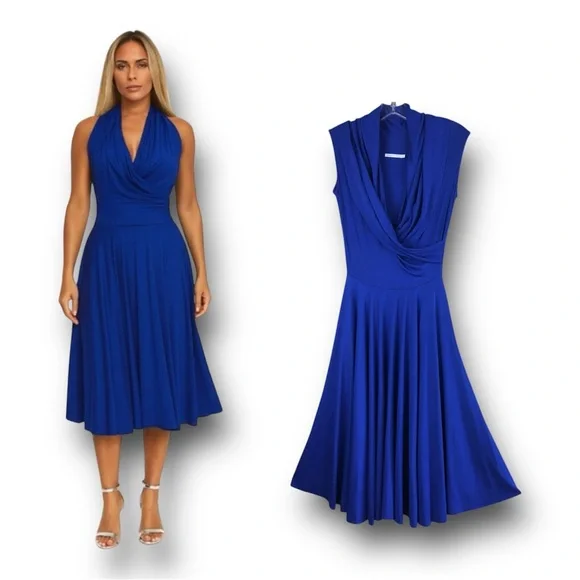 Nadia Tadd Royal Blue Faux Wrap Midi Dress Size S - Picture 2 of 11